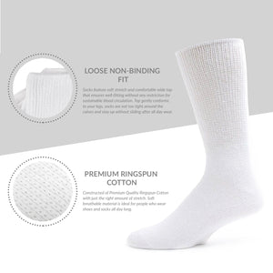 Men's Premium Cotton Diabetic Crew Socks with Loose Top (White) - 6 Pairs