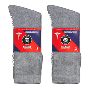 Men's Non-Skid Diabetic Cotton Crew Gripper Socks with Non Binding Top (Grey) - 6 Pairs