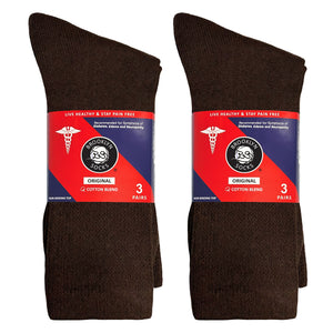 Men's Diabetic Cotton Neuropathy Crew Socks (Brown) - 6 Pairs