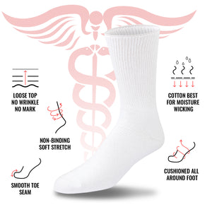 Men's Premium Cotton Diabetic Crew Socks with Loose Top (White) - 6 Pairs