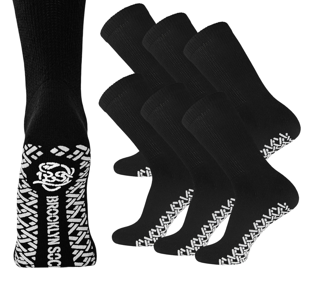 Women's Non-Skid Diabetic Cotton Crew Gripper Socks with Non Binding Top (Black) - 6 Pairs