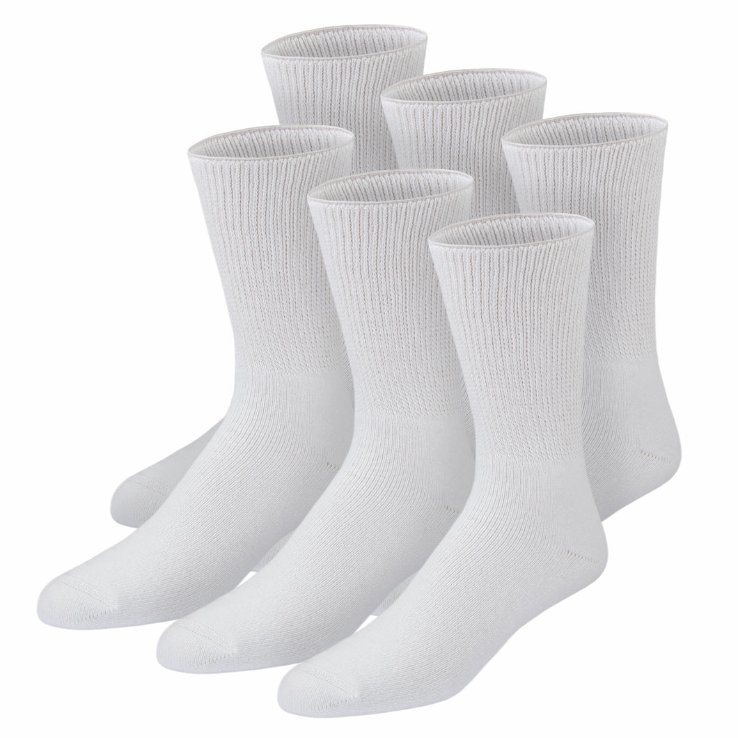 Men's Premium Cotton Diabetic Crew Socks with Loose Top (White) - 6 Pairs