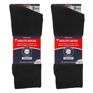 Men's Premium Cotton Diabetic Crew Socks with Loose Top (Black) - 6 Pairs