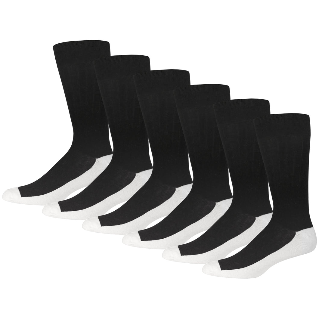 Men's Dress Crew Socks for Diabetics with Loose Top (Black with White Sole) - 6 Pairs