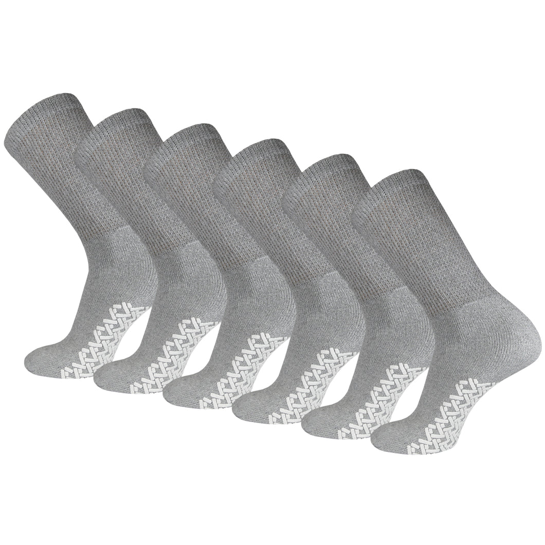 Men's Non-Skid Diabetic Cotton Crew Gripper Socks with Non Binding Top (Grey) - 6 Pairs