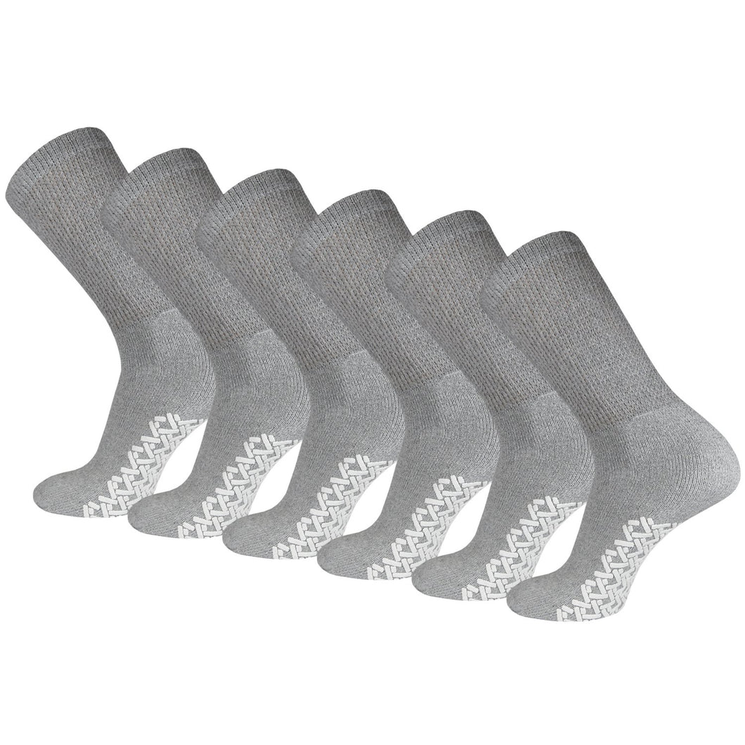 Women's Non-Skid Diabetic Cotton Crew Gripper Socks with Non Binding Top (Grey) - 6 Pairs