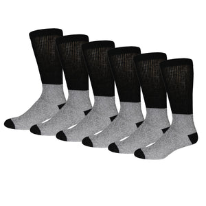 6 Pairs of Cotton Thermal Diabetic Crew Socks with Non-Binding Top (Grey with Black Top),  Shoe Size US Men 9-11.5/Women 11-13